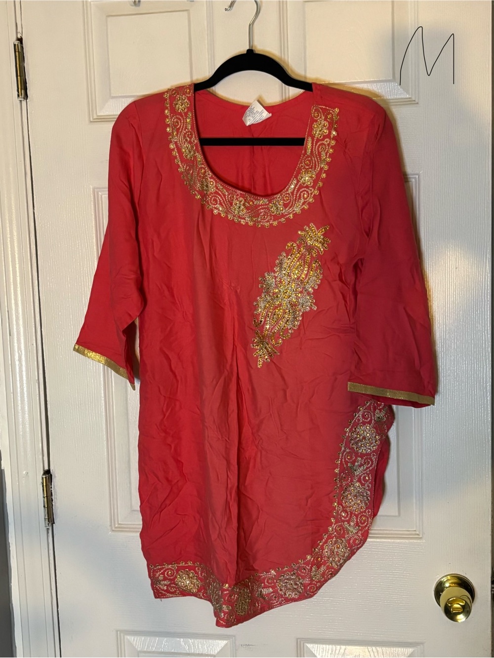 Embellished Red Women's Tunic Top with Gold Accents